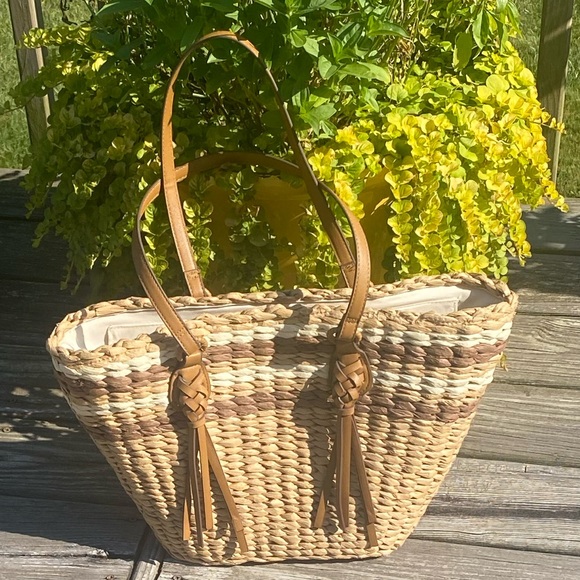 Style & Co. Handbags - Style & Co. Natural Stripe Straw Large Tote with Tassels